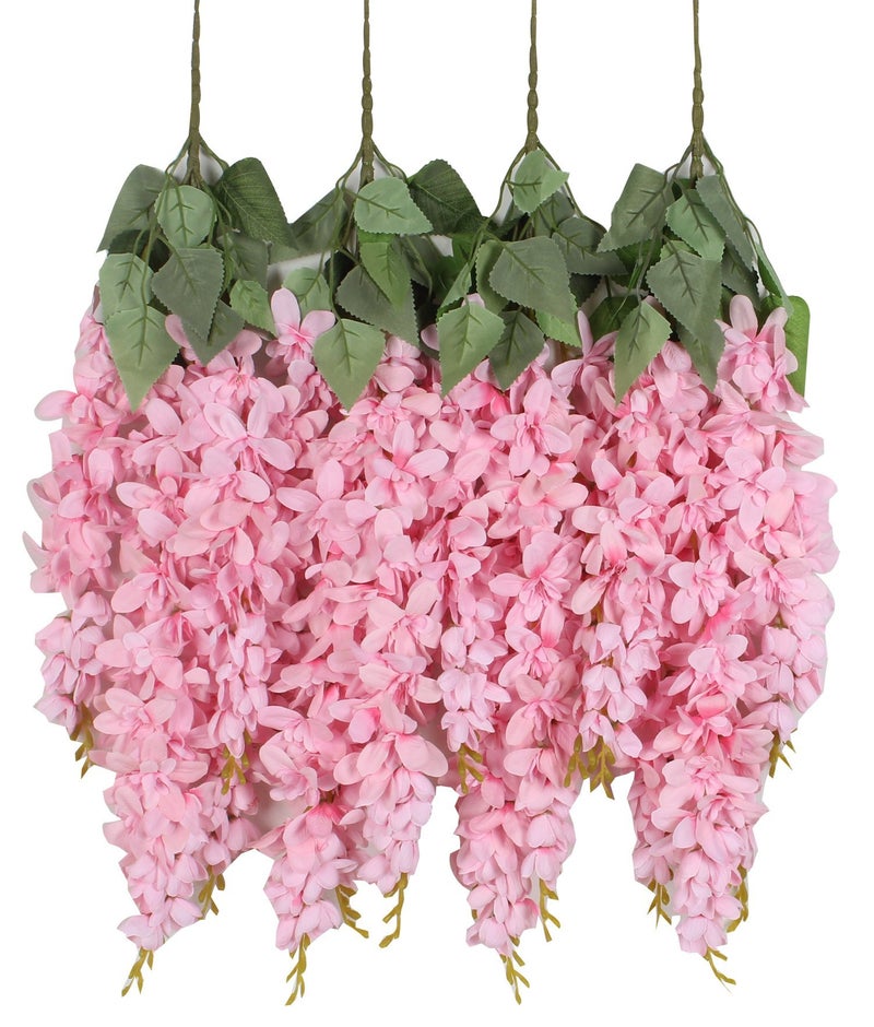 Duovlo Silk Wisteria Flower Artificial 2.13 Feet Hanging Wisteria Vine Fake Flower Bush String Home Party Wedding Decoration,Pack of 4 (Pink) - Image 1